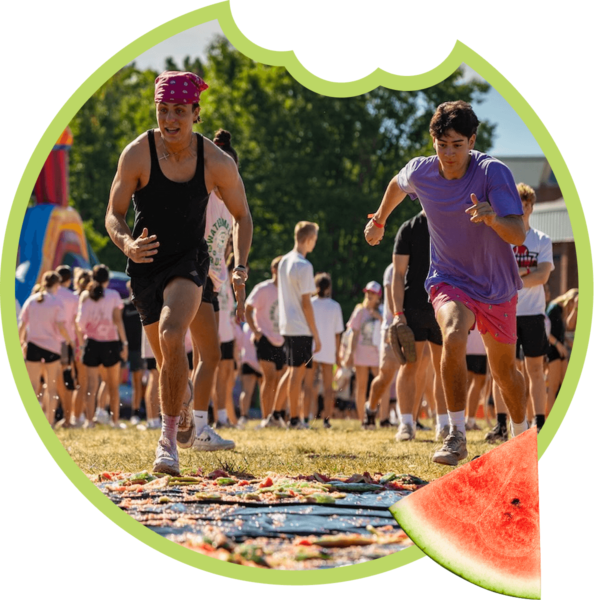 People racing across watermelon-covered ground.