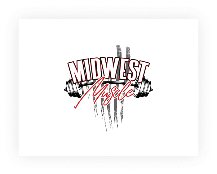 Midwest Muscle logo with barbell design.