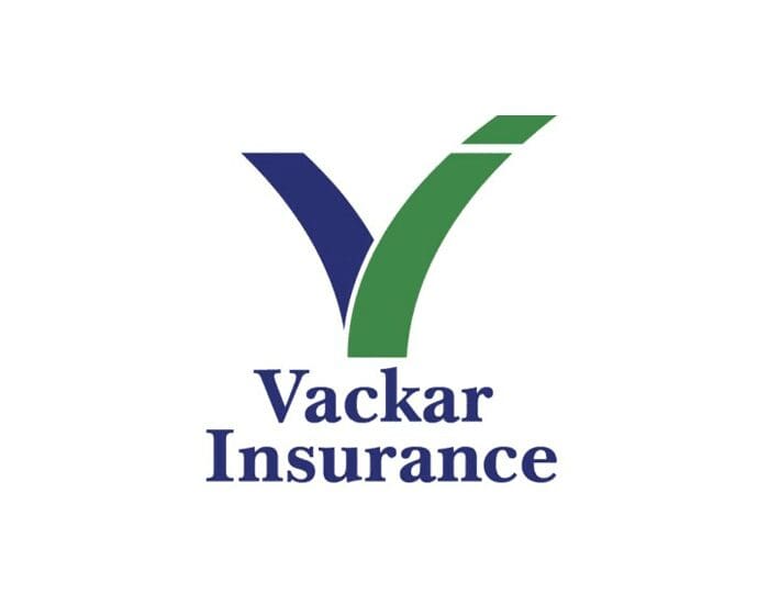 Vackar Insurance logo with stylized "V".